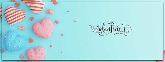 glücklich Valentinstag Tag Kalligraphie Text mit Sanft Farbe Herz Formen auf Türkis Hintergrund. Header oder Banner Design. foto