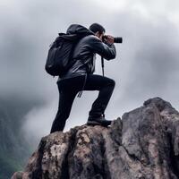 Landschaft Fotograf auf ein felsig Berg. ai generativ foto