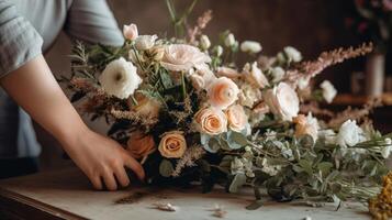 Florist vorbereiten ein Hochzeit Strauß von Blumen ai generiert foto