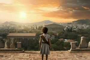 Kind Junge uralt griechisch Stadt. generieren ai foto