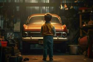 Auto Mechaniker Junge mit Auto Garage. generieren ai foto
