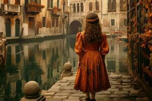 Kind Mädchen rot Kleid alt Venedig. generieren ai foto