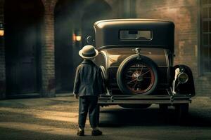 amerikanisch Junge in der Nähe von 1920 Wagen. generieren ai foto