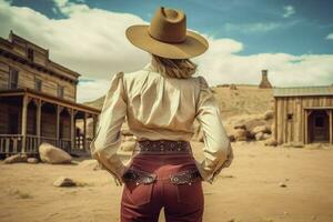 Cowboy Frau Hut wild Westen. generieren ai foto