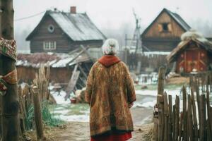 Russisch alt Frau Winter alt Dorf. generieren ai foto