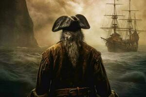 Pirat alt Kapitän an Bord Pirat Schiff. generieren ai foto