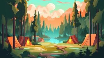 Sommer- Lager im das Wald Landschaft Hintergrund generativ ai foto