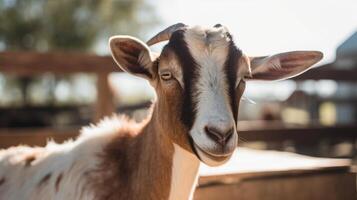 Ziege beim das Bauernhof auf ein sonnig Tag generativ ai foto