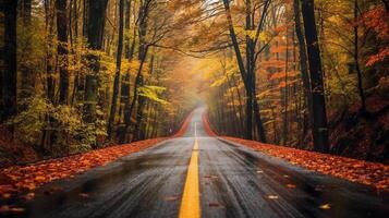 ein schön lange Straße im Herbst Jahreszeit ist gefüttert mit Bäume Lager bunt Blätter. ai generativ foto