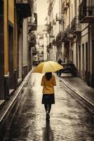 Gelb Regenschirm im Hand von Frau Gehen auf ein farblos Straße. ai generativ foto