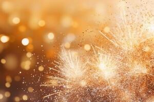 Gold und Silber Feuerwerk und Bokeh im Neu Jahr Vorabend und Kopieren Raum. abstrakt Hintergrund Urlaub. ai generativ foto