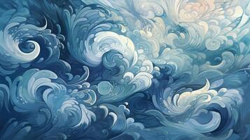 ein Blau und Weiß Welle Gemälde auf ein heiter Blau Hintergrund. generativ ai foto