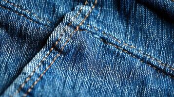 ein Nahansicht von Blau Denim Jeans mit sichtbar Nähen. generativ ai foto