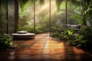 ein Grün Oase im ein gemütlich Innen- Raum gefüllt mit Pflanzen und Möbel. generativ ai foto