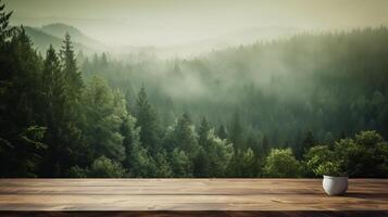 ein hölzern Tabelle mit ein Aussicht von ein Wald. generativ ai foto