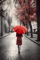 rot Regenschirm im Hand von Frau Gehen auf ein farblos Straße. ai generativ foto