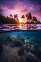 fotografieren von schön einladend Strand Szene mit lila Sonnenuntergang Himmel. ai generativ foto