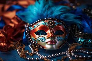 venezianisch Karneval Maske und Perlen Dekoration. Karneval gras Hintergrund. ai generativ foto