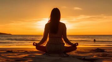 Frau meditieren auf das Strand beim Sonnenuntergang. ai generativ foto