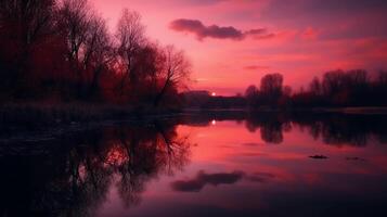 ein Szene im welche das ganz Rosa Himmel ist reflektiert im das Wasser. ai generativ foto