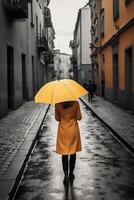 Gelb Regenschirm im Hand von Frau Gehen auf ein farblos Straße. ai generativ foto