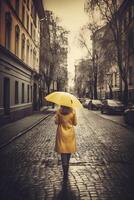 Gelb Regenschirm im Hand von Frau Gehen auf ein farblos Straße. ai generativ foto