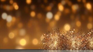 Gold und Silber Feuerwerk und Bokeh im Neu Jahr Vorabend und Kopieren Raum. abstrakt Hintergrund Urlaub. ai generativ foto