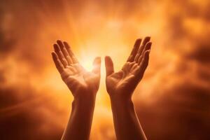 Mensch Hände öffnen Palme oben Anbetung mit Vertrauen im Religion und Glauben im Gott auf Segen Hintergrund. ai generativ foto