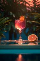 ein Spritz Glas einstellen auf ein Schwimmen Schwimmbad mit Licht Strahlen. ai generativ foto