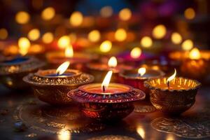 ein Diya Öl Lampe, Diwali Konzept, verschwommen Hindu Festival von Beleuchtung Feier Hintergrund. ai generativ foto