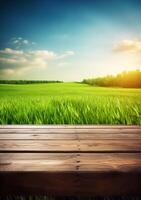 Frühling Sommer- schön Hintergrund mit Grün saftig jung Gras und leeren hölzern Tabelle im Natur draussen. natürlich Vorlage Landschaft mit Blau Himmel und Sonne. ai generativ foto