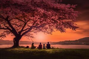 das Silhouette von ein Familie genießen ein Picknick unter ein Kirsche blühen Baum im Sonnenuntergang Himmel. ai generativ foto