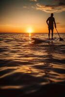 Stand oben Paddel Einsteigen auf ruhig Meer. ai generativ foto