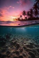 fotografieren von schön einladend Strand Szene mit lila Sonnenuntergang Himmel. ai generativ foto