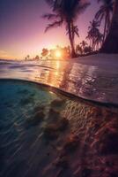 fotografieren von schön einladend Strand Szene mit lila Sonnenuntergang Himmel. ai generativ foto