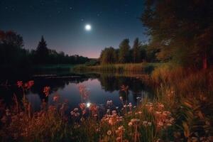 Nacht Landschaft Umgebung Ernte Mond Über ein glänzend See üppig Vegetation Birkenholz Bäume, Blumen, magisch galaxy.ai generativ foto