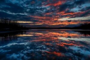 ein Szene im welche das ganz Himmel ist reflektiert im das Wasser. ai generativ foto