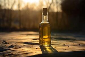 golden Olive Öl Flasche auf hölzern Tabelle Olive Feld im Morgen Sonnenschein. ai generativ foto