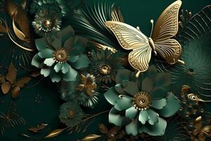 abstrakt Blumen- Hintergrund mit Grün Blumen und golden Schmetterling. ai generativ foto