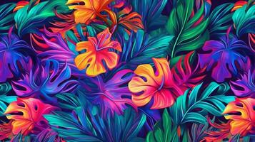 Urwald Blatt Muster, hawaiisch, Hibiskus, Neon- hell bunt. ai generativ foto