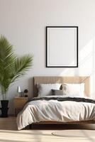 leer Weiß Foto Poster Rahmen mit schwarz Kante im modern, Luxus Beige braun Schlafzimmer, Holz Kopf Tafel Bett, grau Decke, Kopfkissen, Bett Tisch, Palme Zimmerpflanze im Sonnenlicht. ai generativ