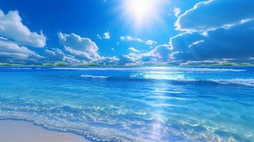 ein schön Strand mit Kristall Blau Wasser und Weiß Sand. ai generativ foto