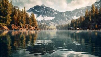 See mit Berge und Bäume. ai generativ foto