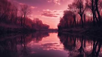 ein Szene im welche das ganz lila Himmel ist reflektiert im das Wasser. ai generativ foto