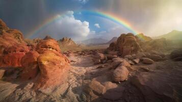 Regenbogen Himmel, rot Meer von Stein. ai generativ foto