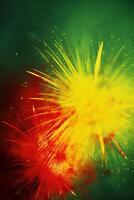 Grün, Rot, Gelb, Feuerwerk, Unabhängigkeit Tag abstrakt Poster Hintergrund, Exemplar. ai generativ foto