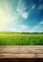 Frühling Sommer- schön Hintergrund mit Grün saftig jung Gras und leeren hölzern Tabelle im Natur draussen. natürlich Vorlage Landschaft mit Blau Himmel und Sonne. ai generativ foto