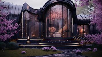 schwarz Haus königlich Außen, Oval Villa, Maximalismus, Blumen, göttlich, ästhetisch, lila Licht, hypermaximalistisch, Swarovski Kristalle, detailliert, exquisit. ai generativ foto