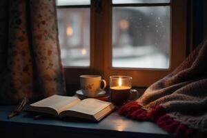 Weihnachten Hintergrund. ein Tasse von Tee, Bücher, ein Kerze und ein gestrickt Schal auf das Fenster Hintergrund. ai generativ foto