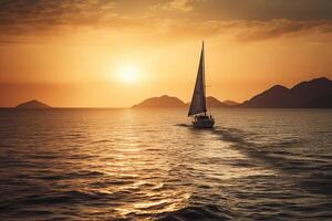 Luxus Yacht Segeln im das Mitte von das Meer neben ein Insel und Berge im das Horizont beim Sonnenuntergang wie breit Banner. ai generativ foto